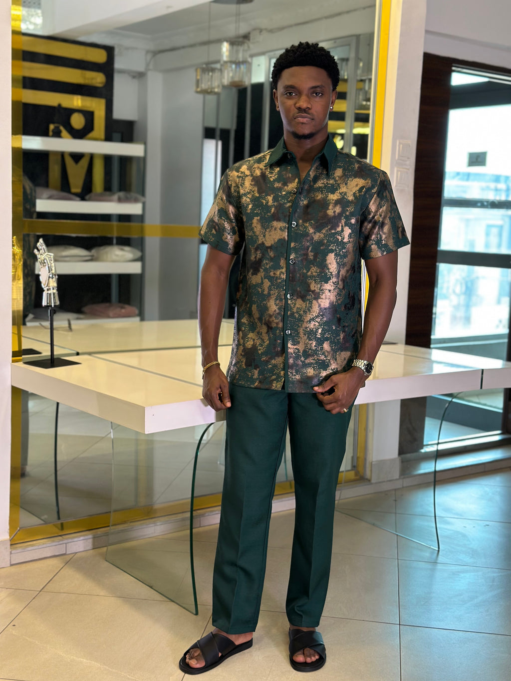 Men’s Dark Green Printed 2 Piece Casual Set