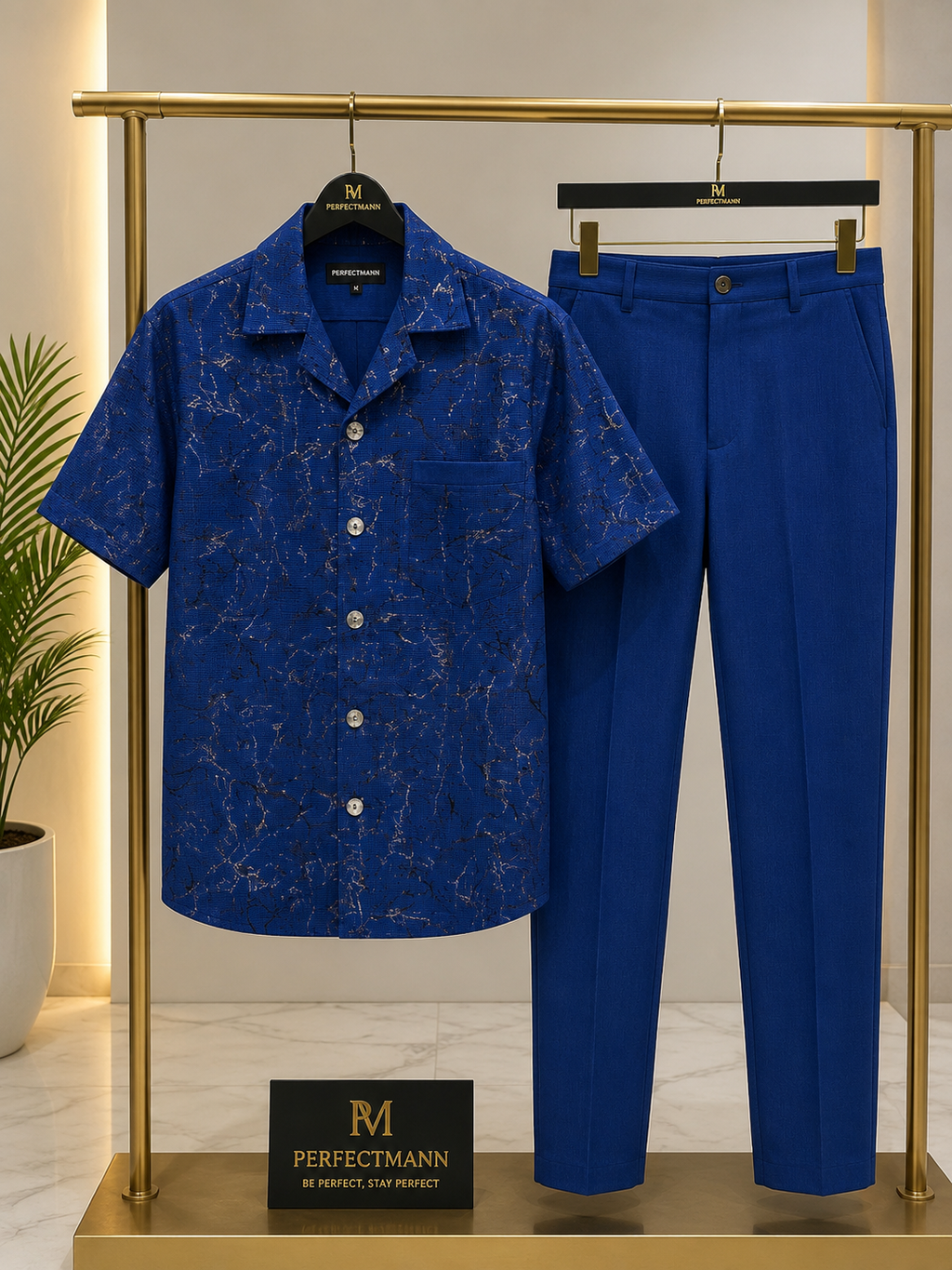Royal Blue Men's 2-Piece Kaftan with Gold & Black Accents