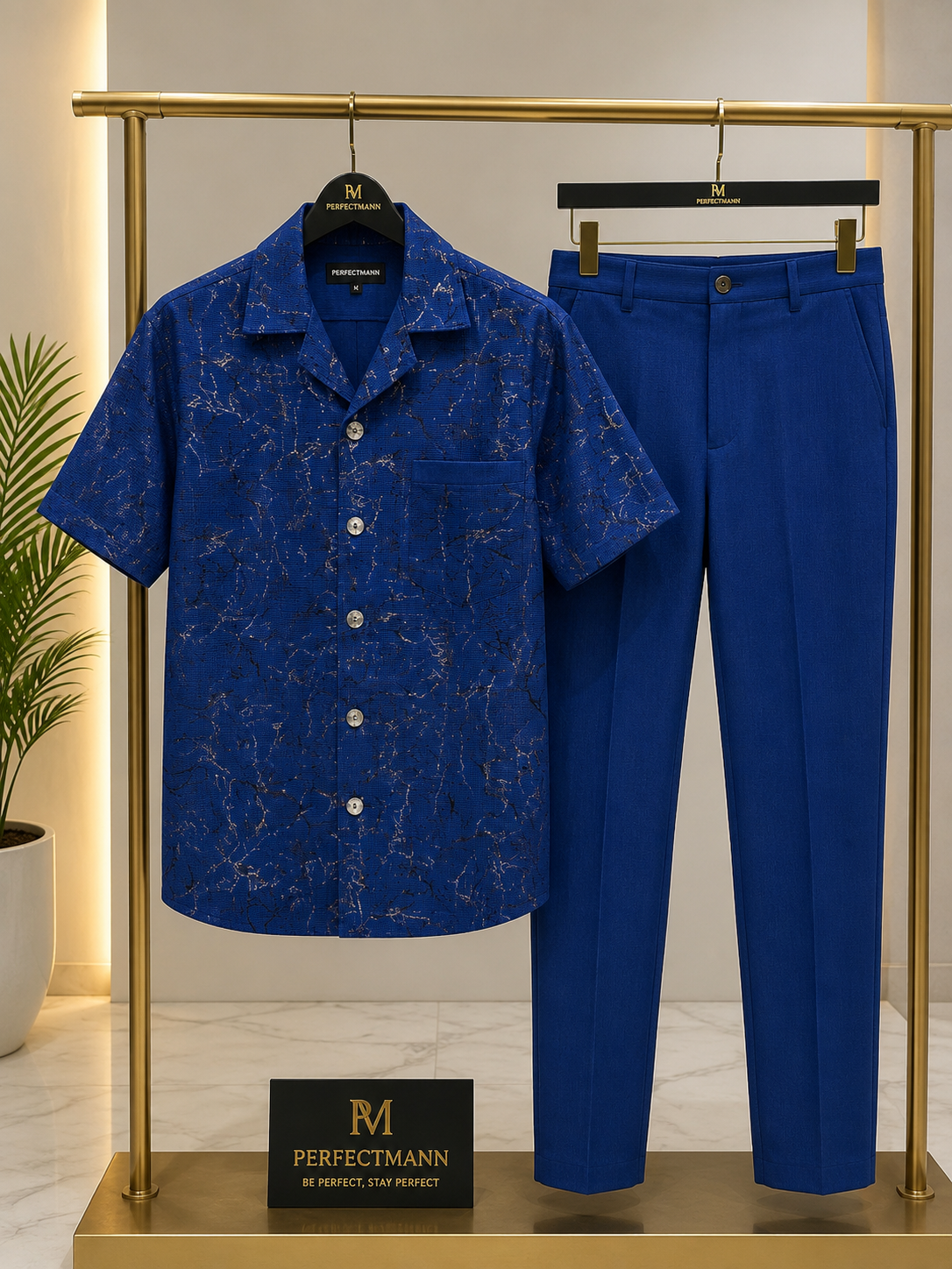 Royal Blue Men's 2-Piece Kaftan with Gold & Black Accents
