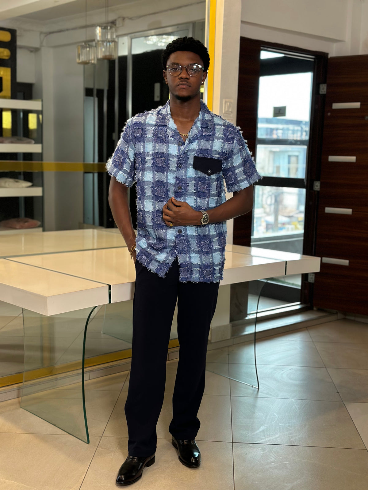Men’s Blue 2 Piece Textured Casual Set