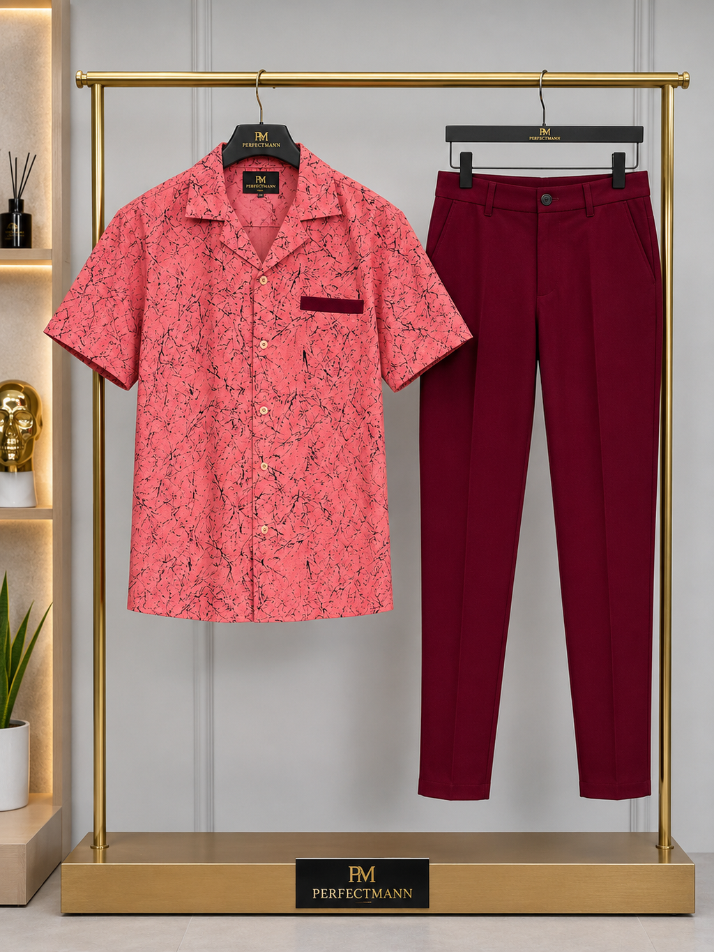 Men’s peach 2 Piece Casual Set with Burgundy Trousers