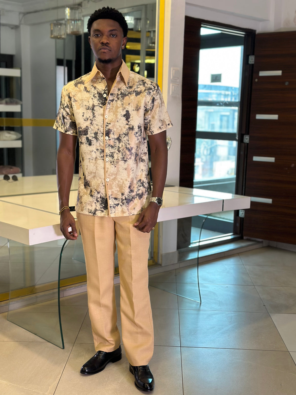Men’s Beige Printed 2 Piece Casual Set
