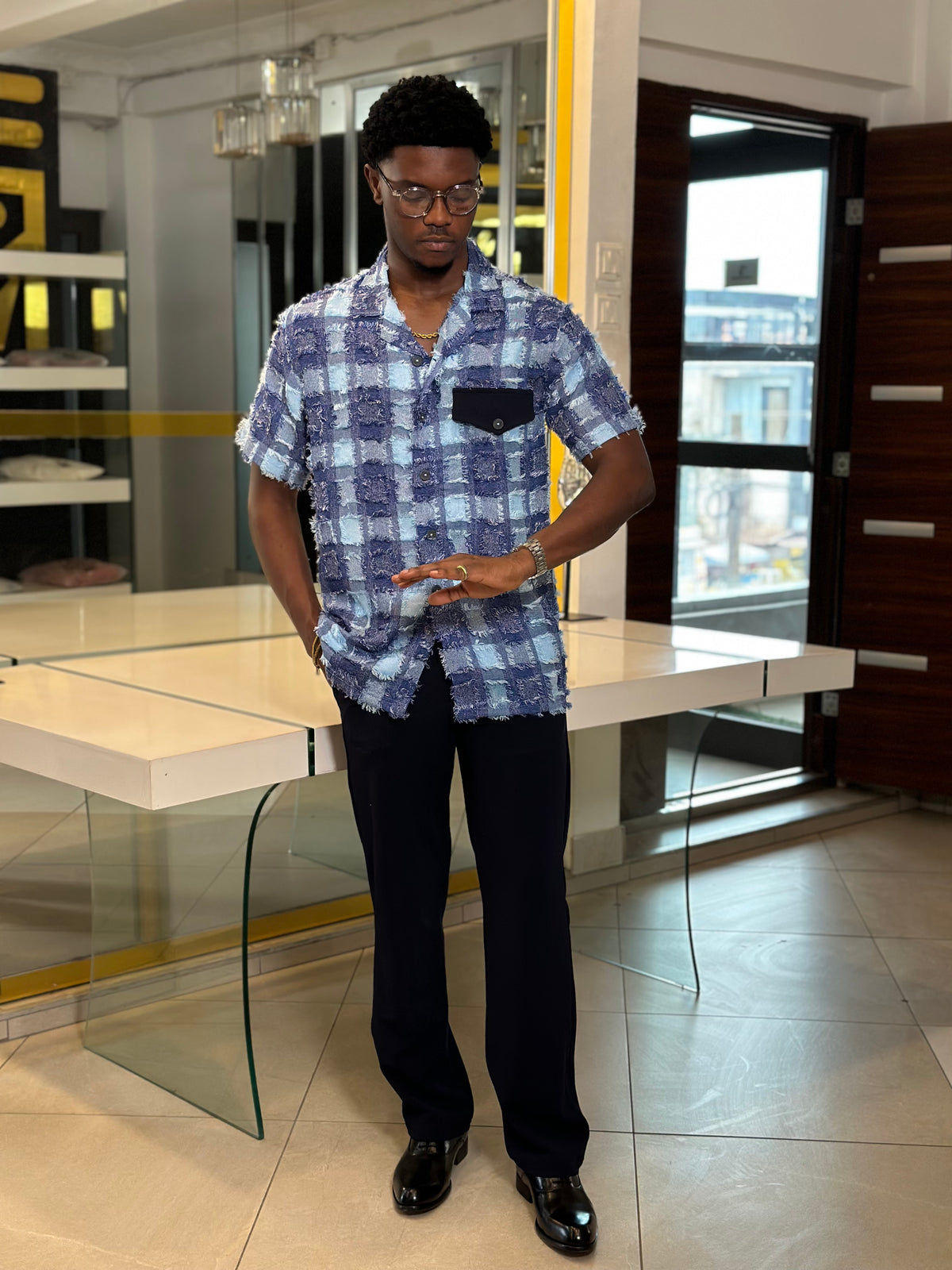 Men’s Blue 2 Piece Textured Casual Set