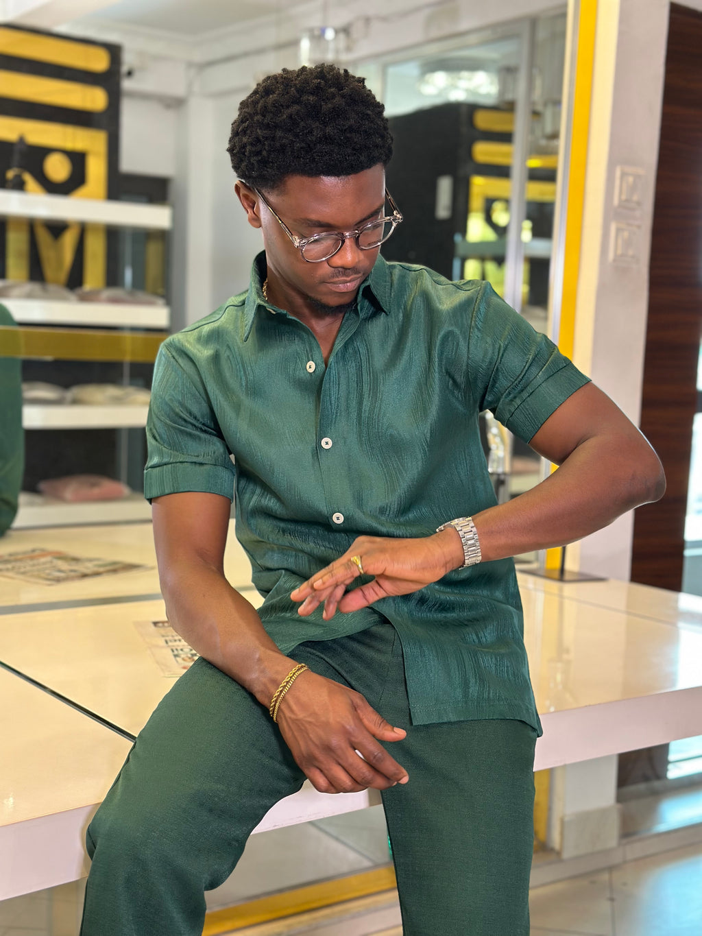 Men’s 2 Piece green Textured Casual Set