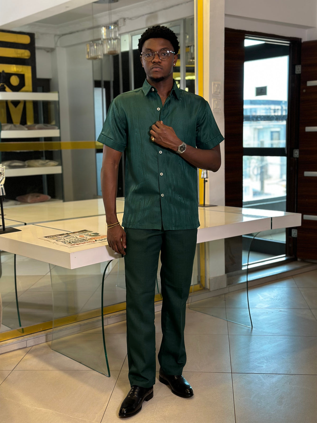 Men’s 2 Piece green Textured Casual Set