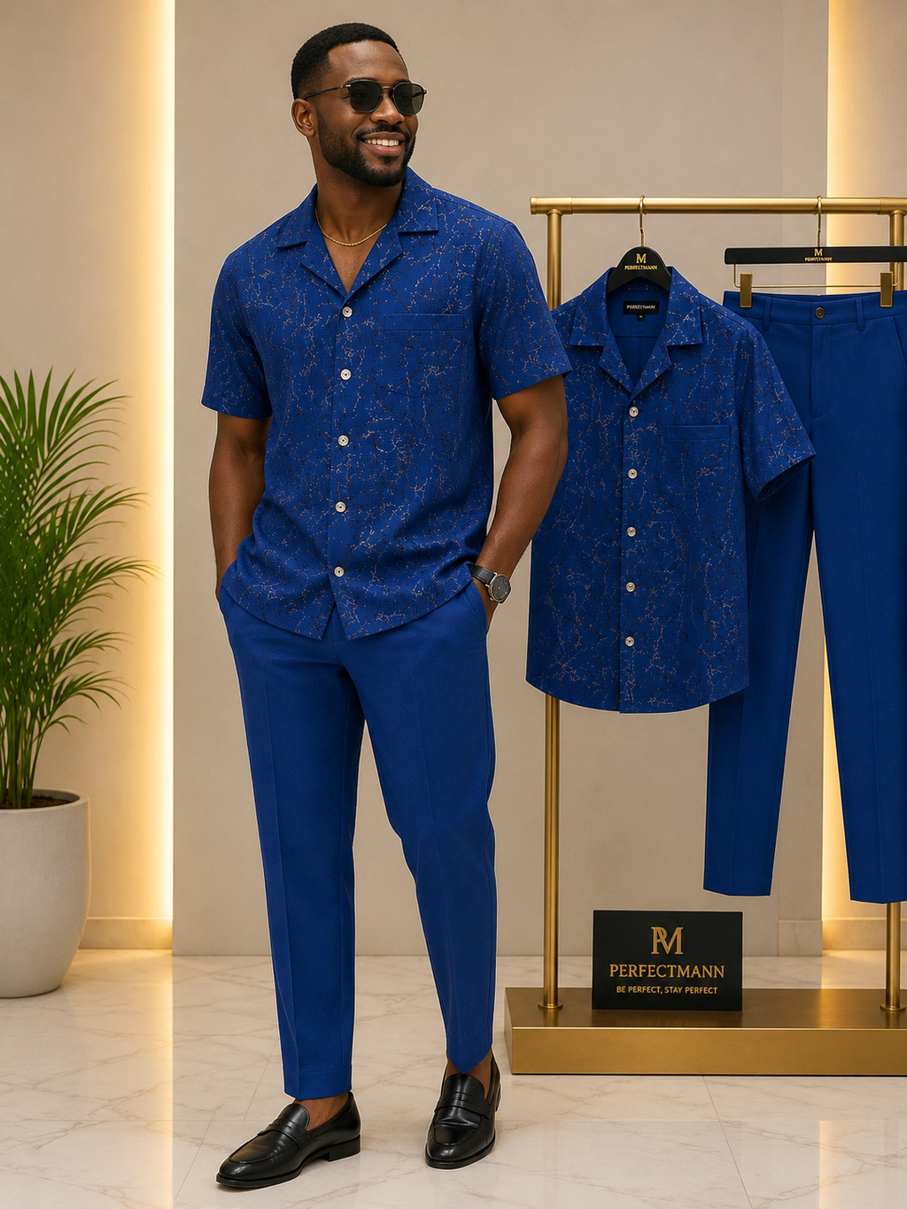 Royal Blue Men's 2-Piece Kaftan with Gold & Black Accents