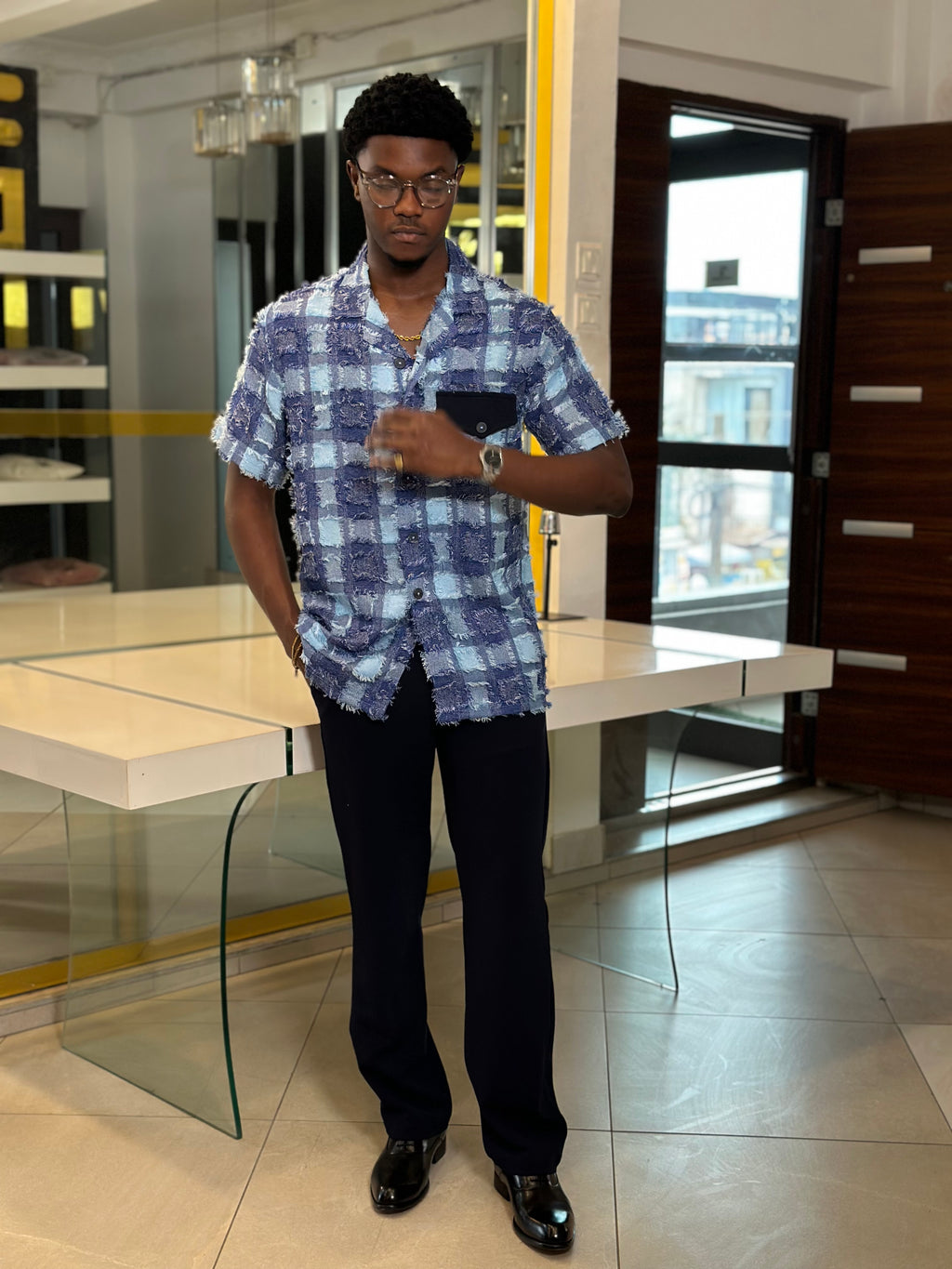 Men’s Blue 2 Piece Textured Casual Set
