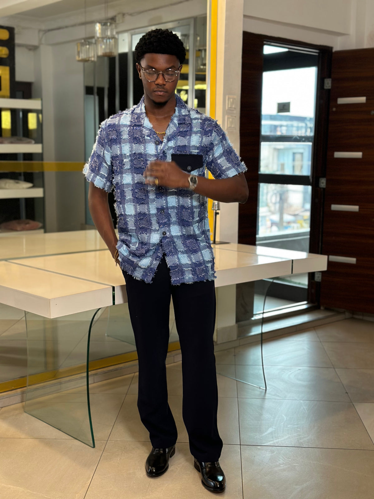 Men’s Blue 2 Piece Textured Casual Set