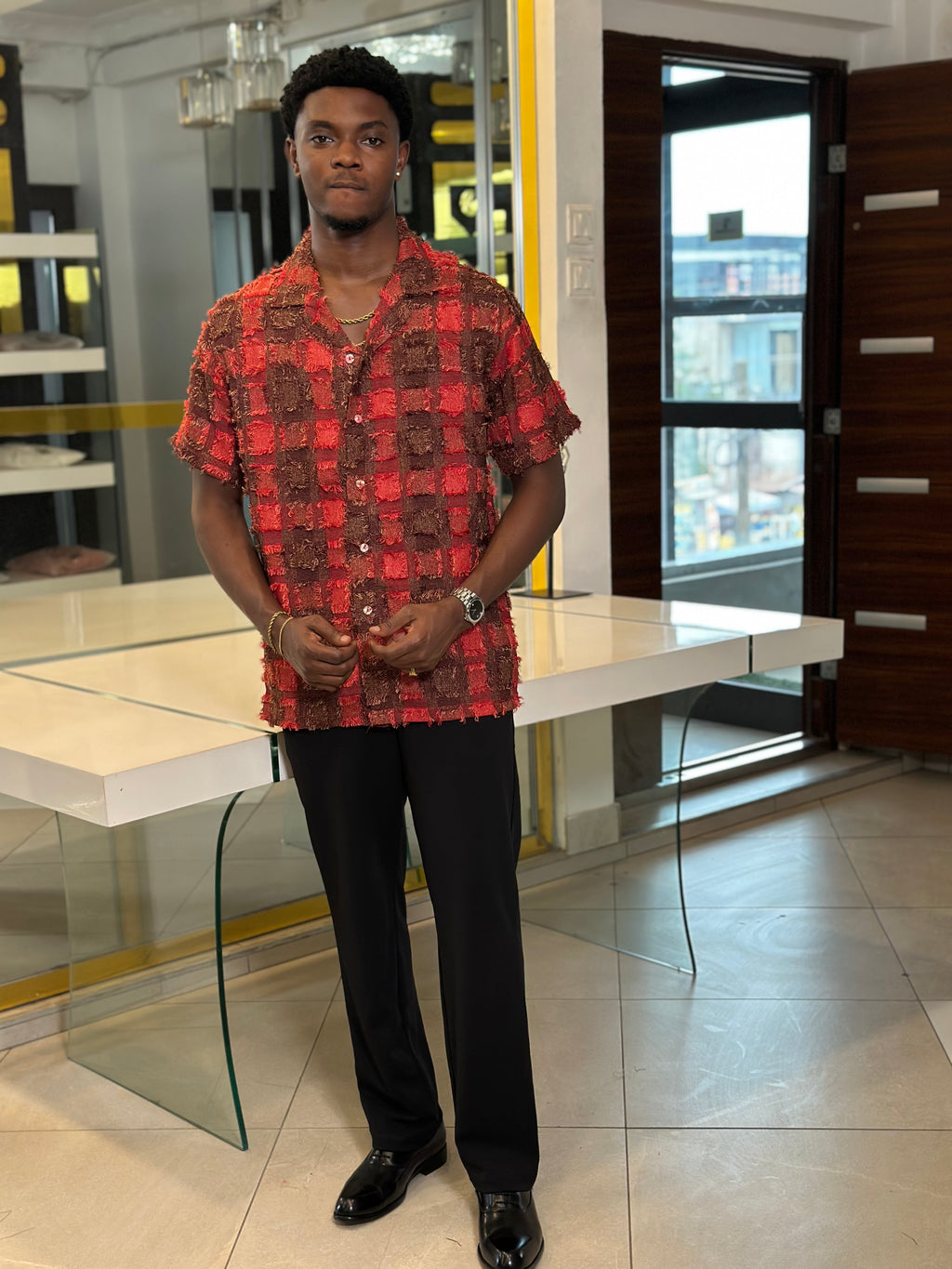 Men’s red and black 2 Piece Textured Casual Set
