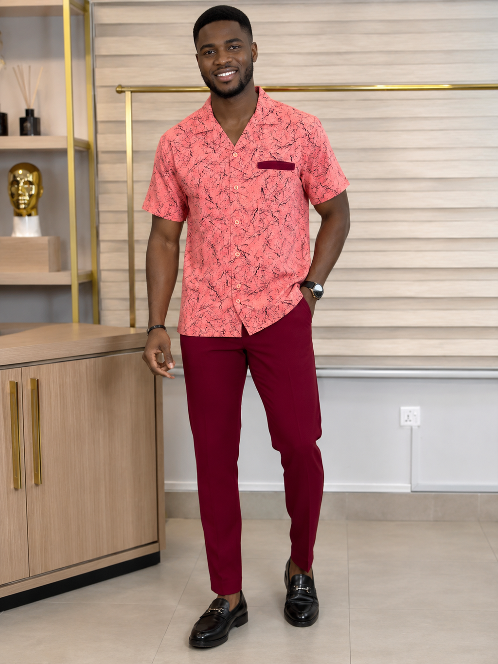 Men’s peach 2 Piece Casual Set with Burgundy Trousers