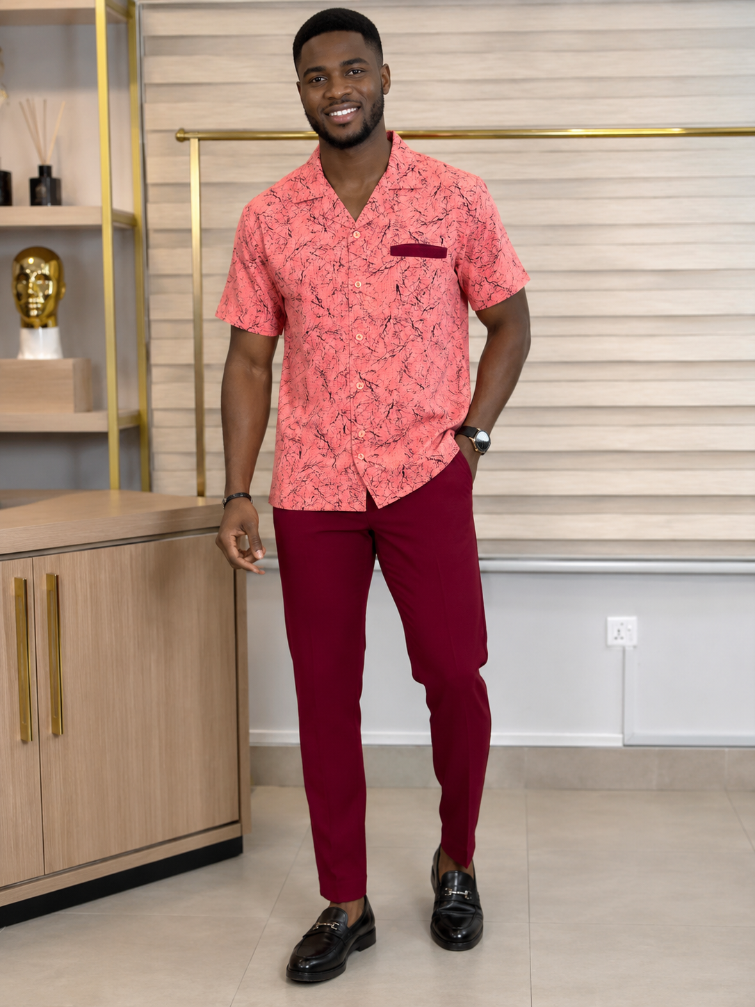 Men’s peach 2 Piece Casual Set with Burgundy Trousers