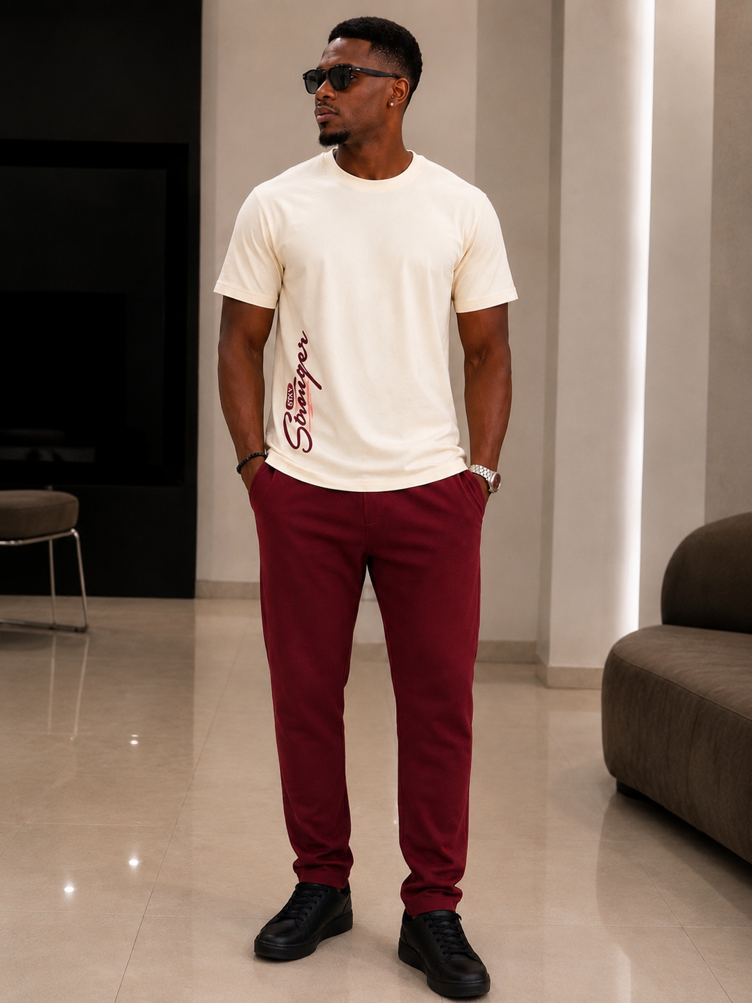 Men’s Cream 2 Piece Casual Set with wine  Details
