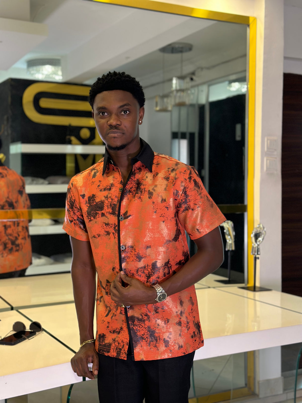 Men’s Orange & Black Printed 2 Piece Casual Set