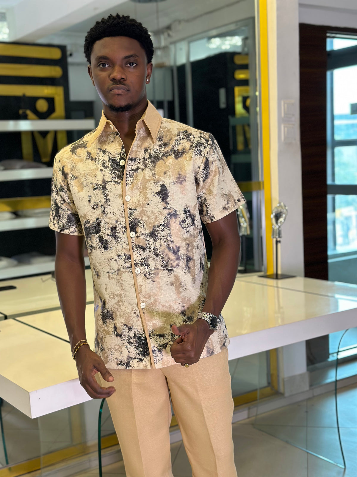 Men’s Beige Printed 2 Piece Casual Set