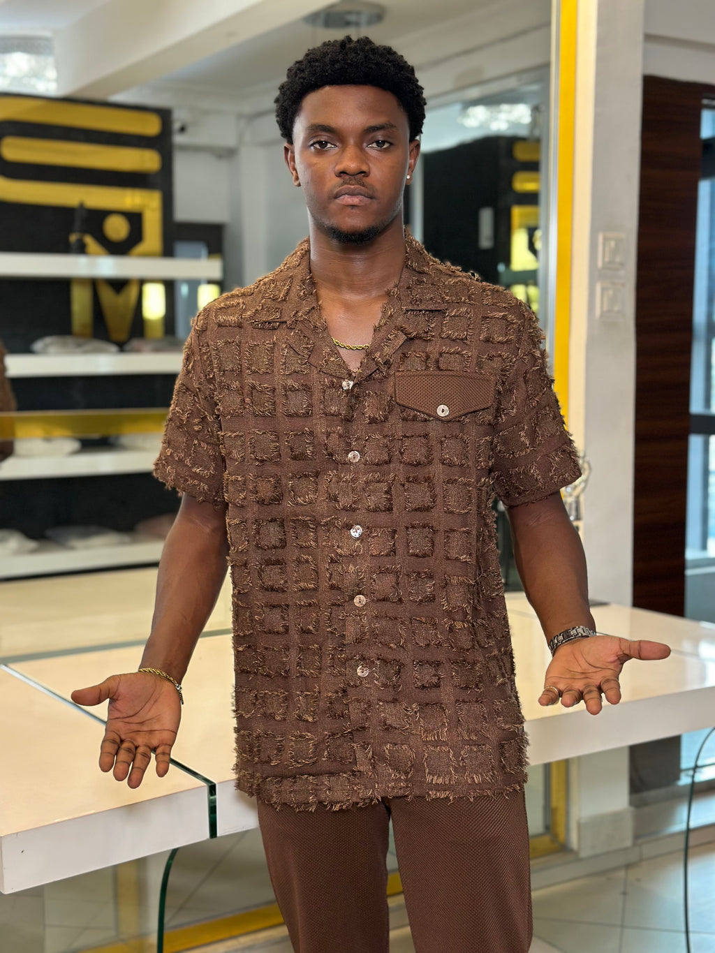 Men’s Brown 2 Piece Textured Casual Set