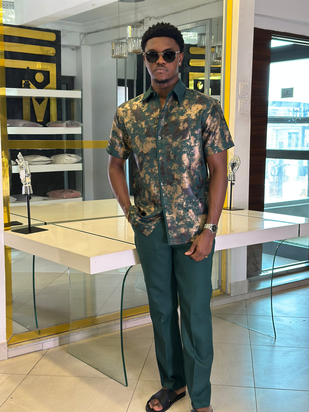 Men’s Dark Green Printed 2 Piece Casual Set