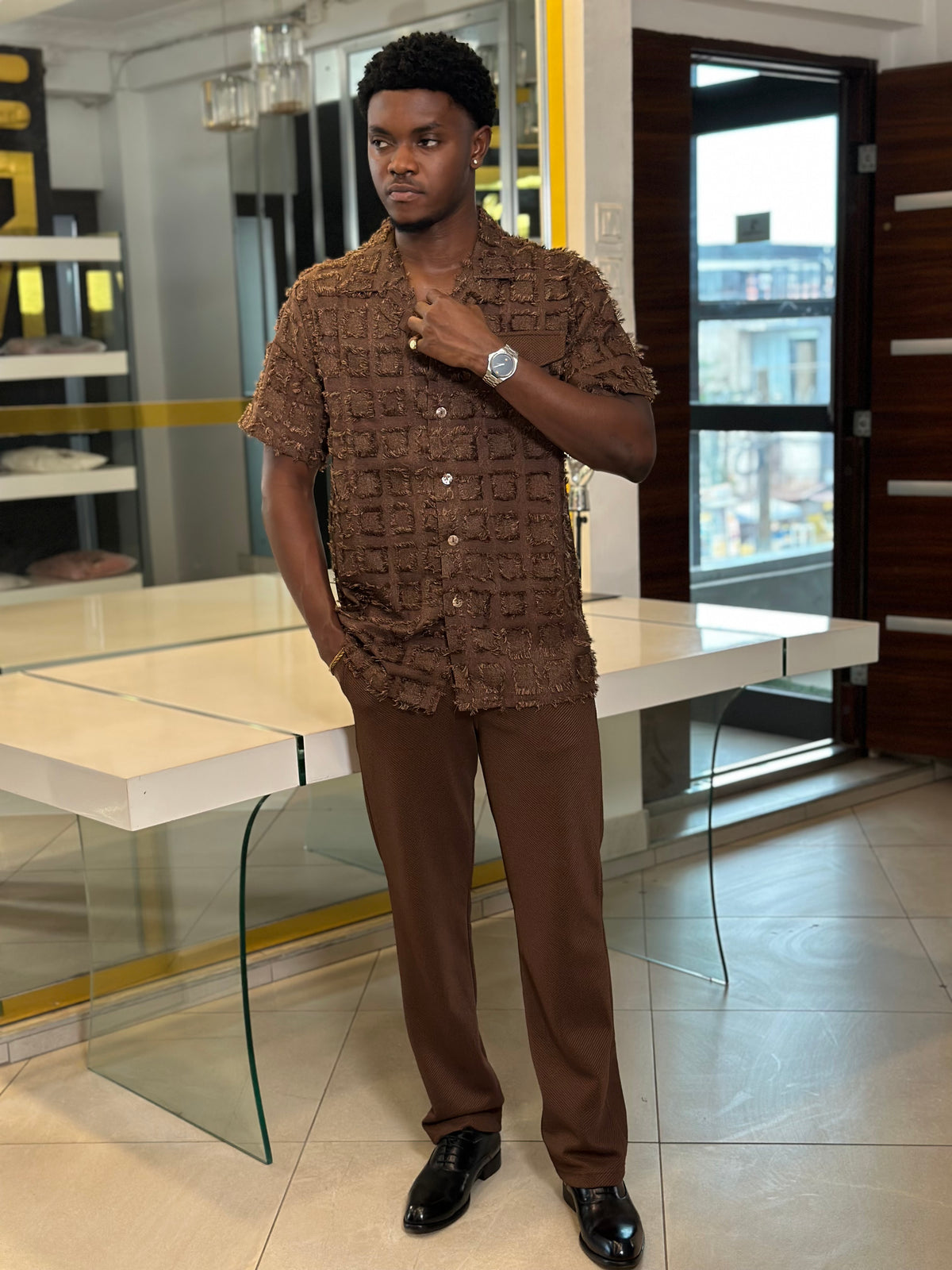 Men’s Brown 2 Piece Textured Casual Set