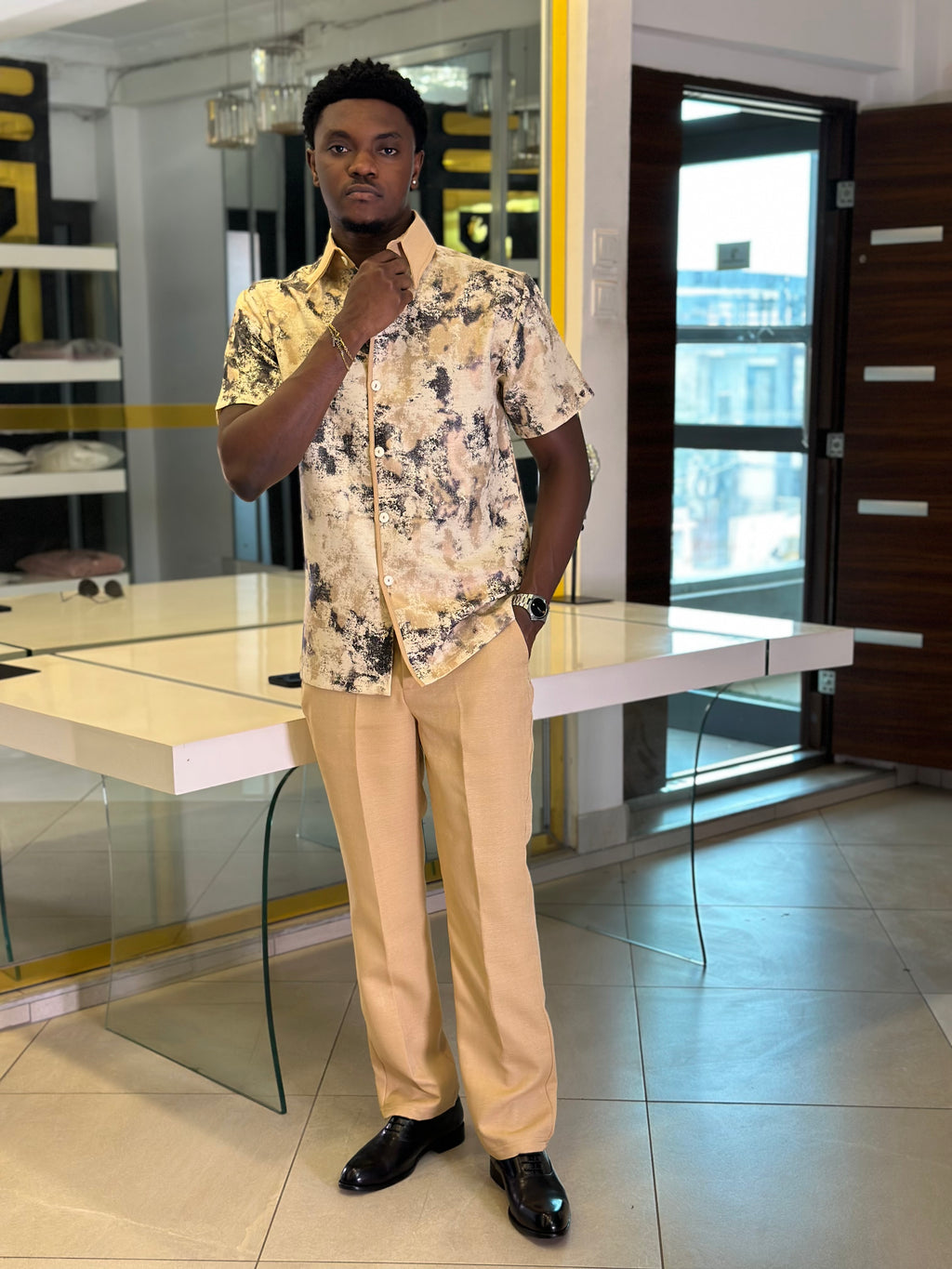 Men’s Beige Printed 2 Piece Casual Set