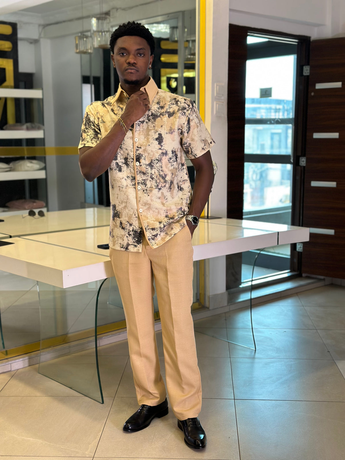 Men’s Beige Printed 2 Piece Casual Set