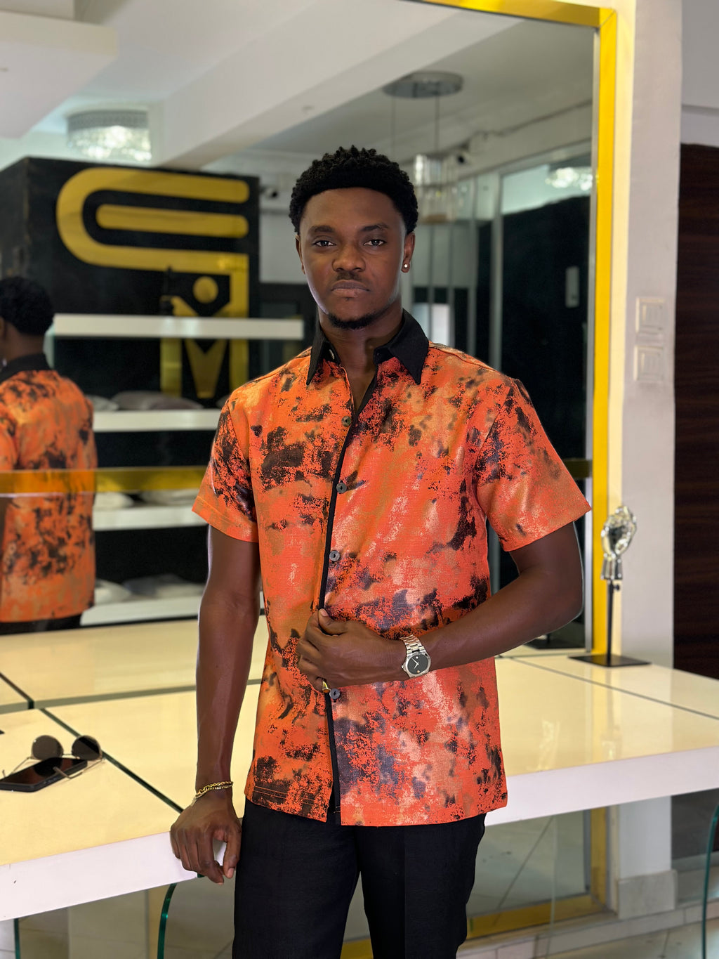 Men’s Orange & Black Printed 2 Piece Casual Set