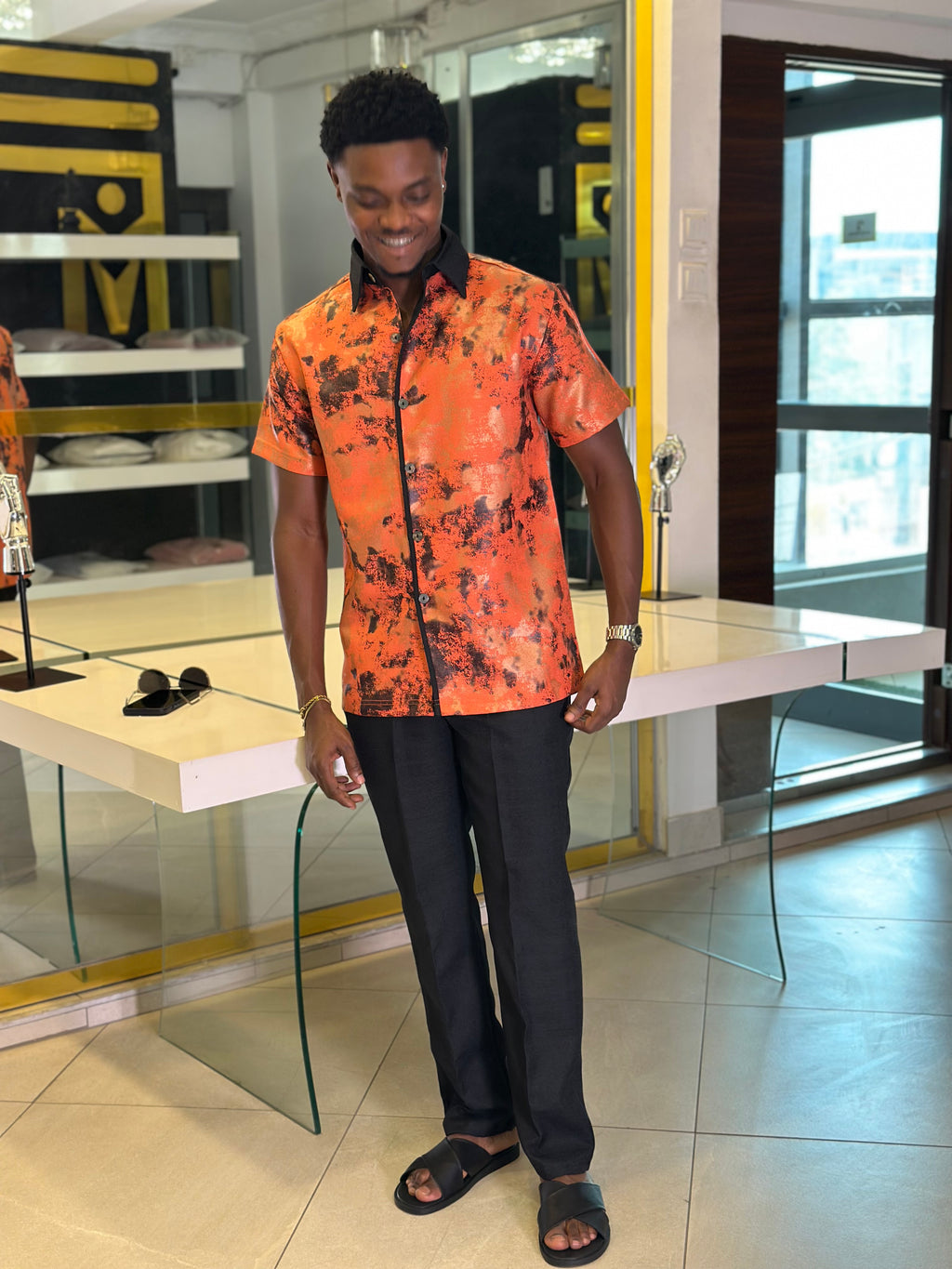 Men’s Orange & Black Printed 2 Piece Casual Set