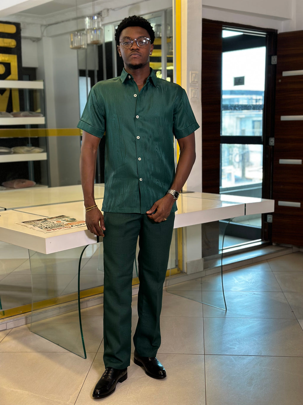 Men’s 2 Piece green Textured Casual Set