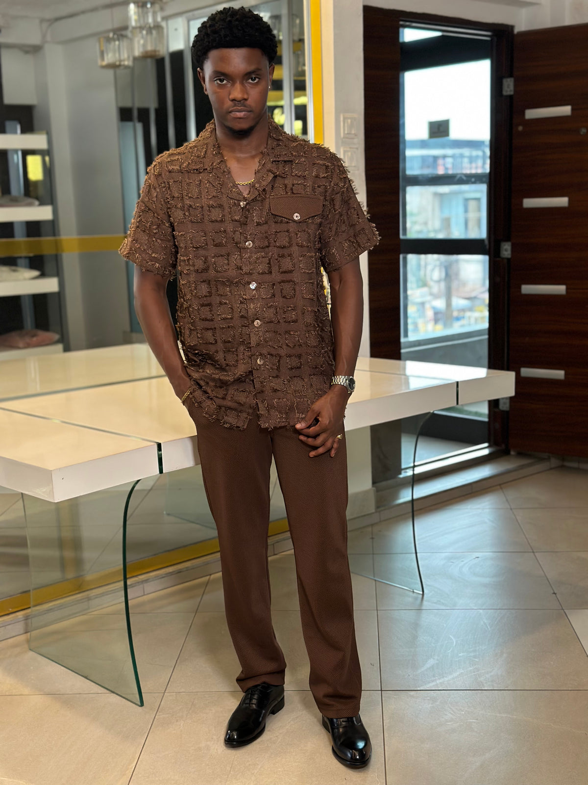 Men’s Brown 2 Piece Textured Casual Set