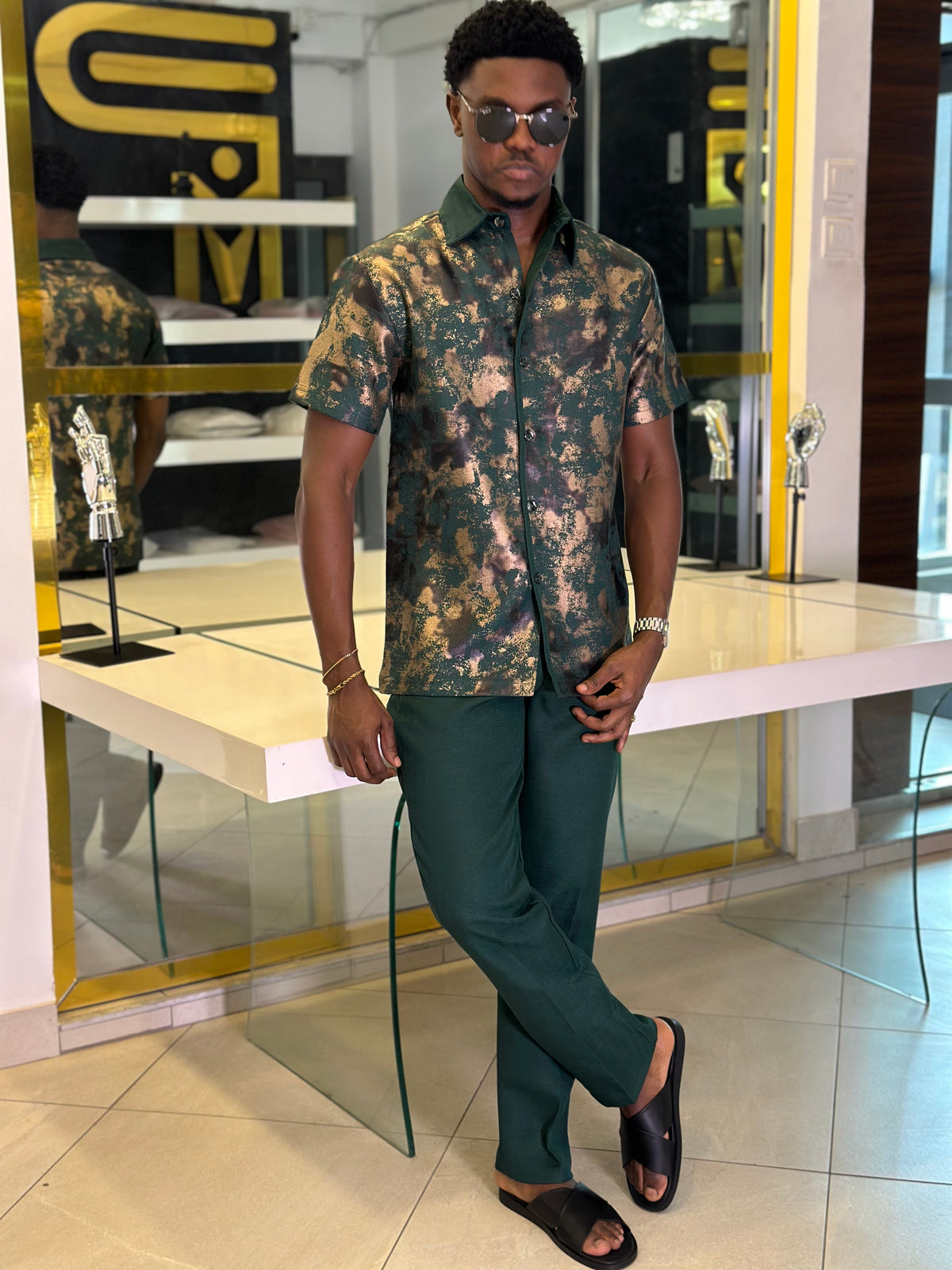 Men’s Dark Green Printed 2 Piece Casual Set