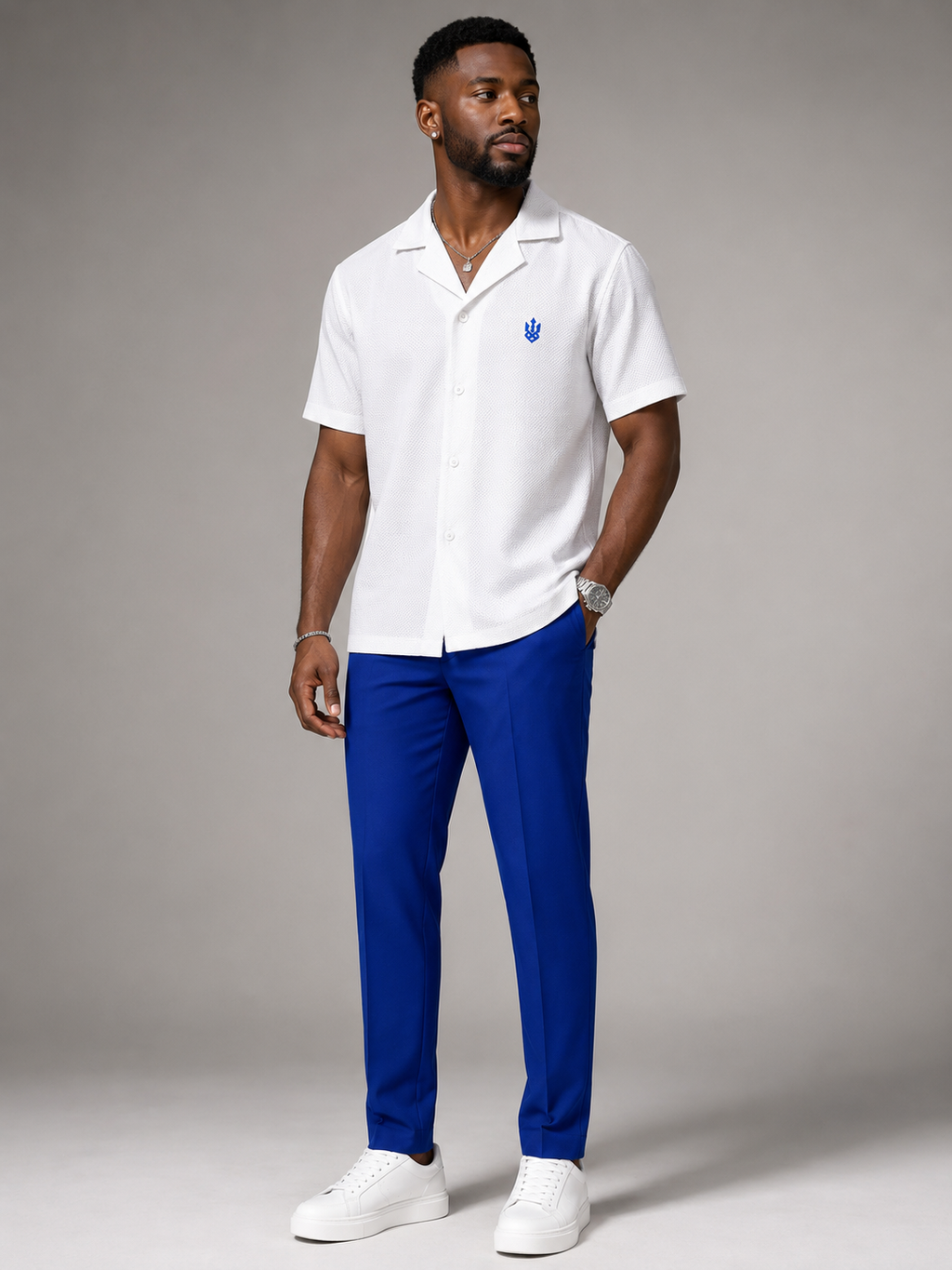 Men's White & Royal Blue 2-Piece Kaftan Set