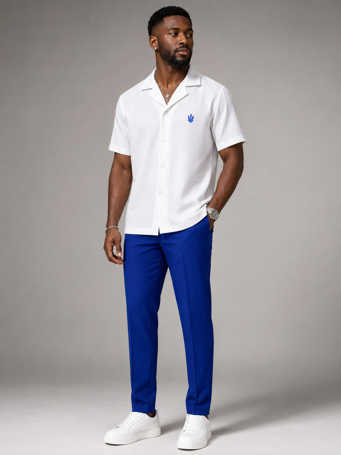 Men's White & Royal Blue 2-Piece Kaftan Set