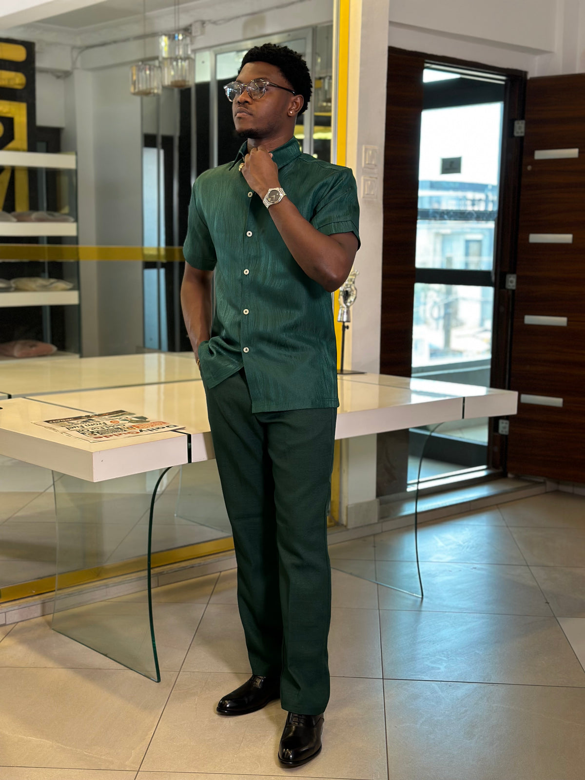 Men’s 2 Piece green Textured Casual Set