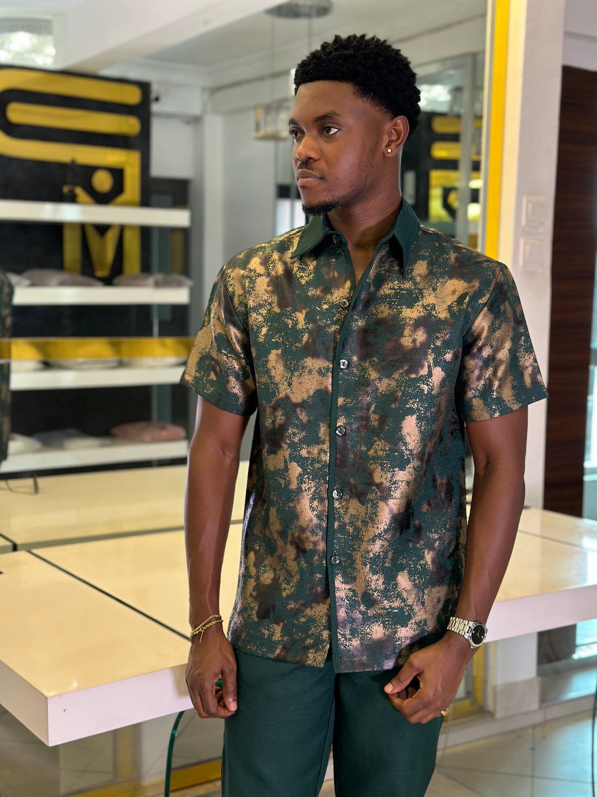 Men’s Dark Green Printed 2 Piece Casual Set