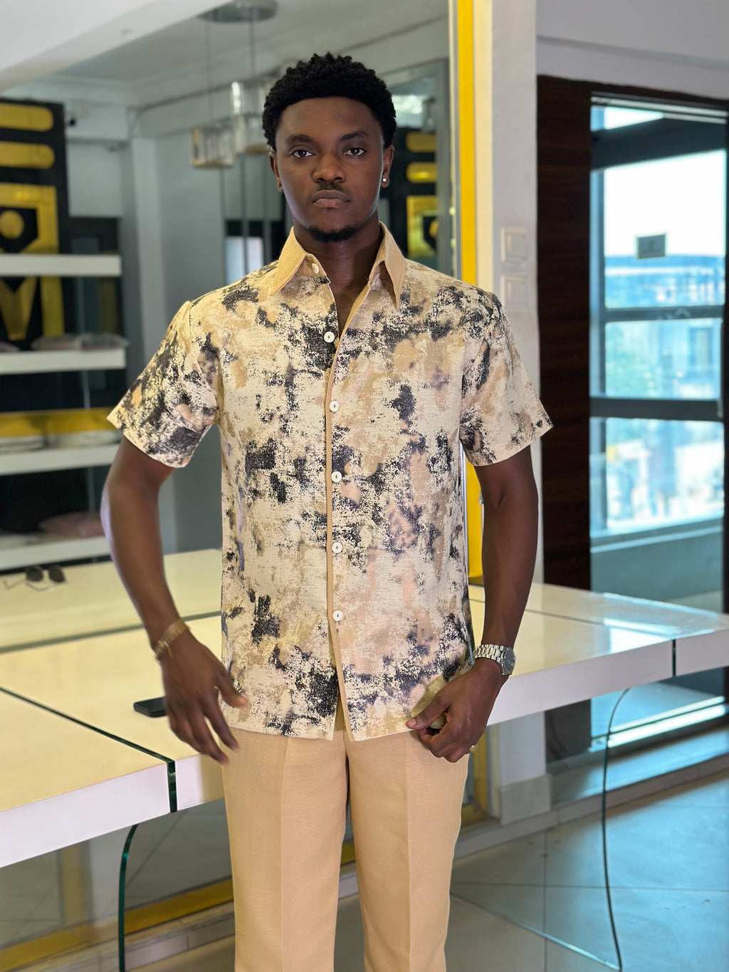Men’s Beige Printed 2 Piece Casual Set