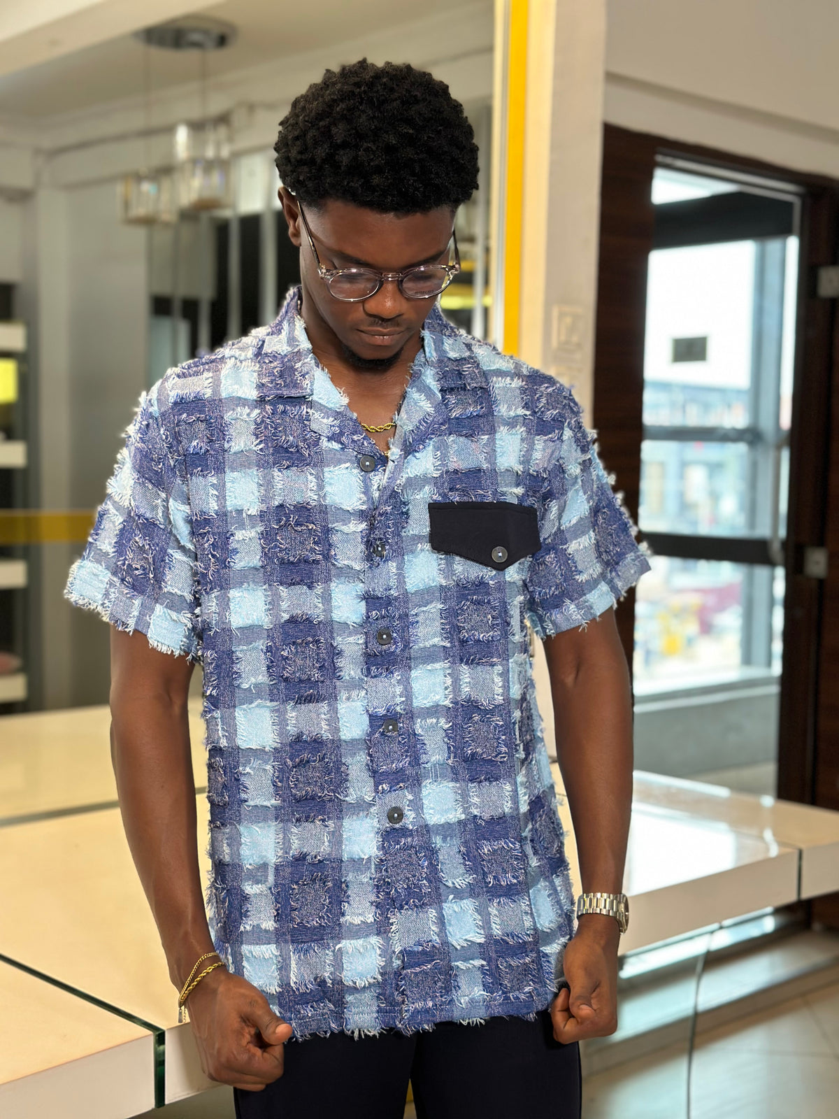 Men’s Blue 2 Piece Textured Casual Set