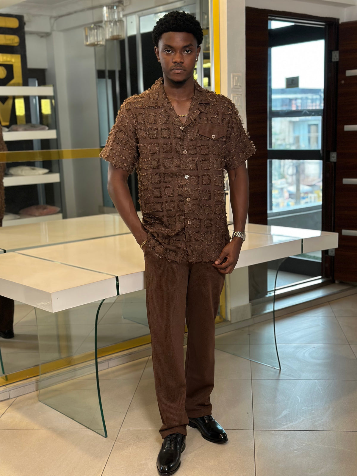 Men’s Brown 2 Piece Textured Casual Set