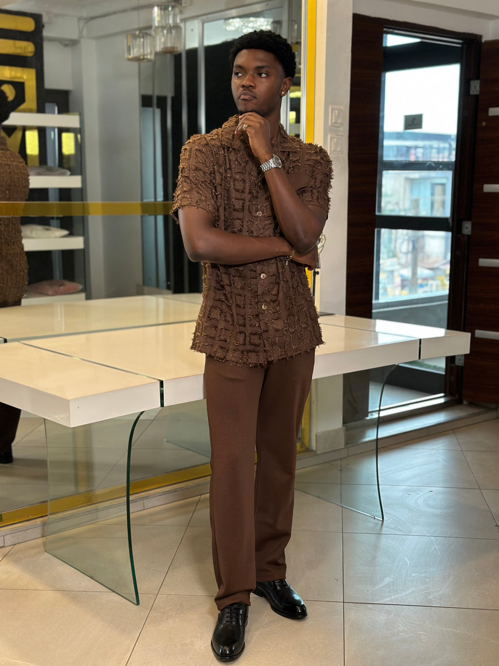 Men’s Brown 2 Piece Textured Casual Set