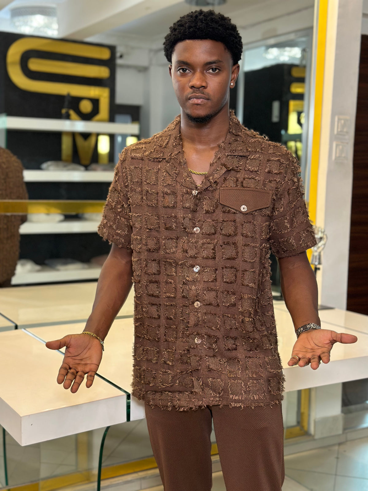 Men’s Brown 2 Piece Textured Casual Set