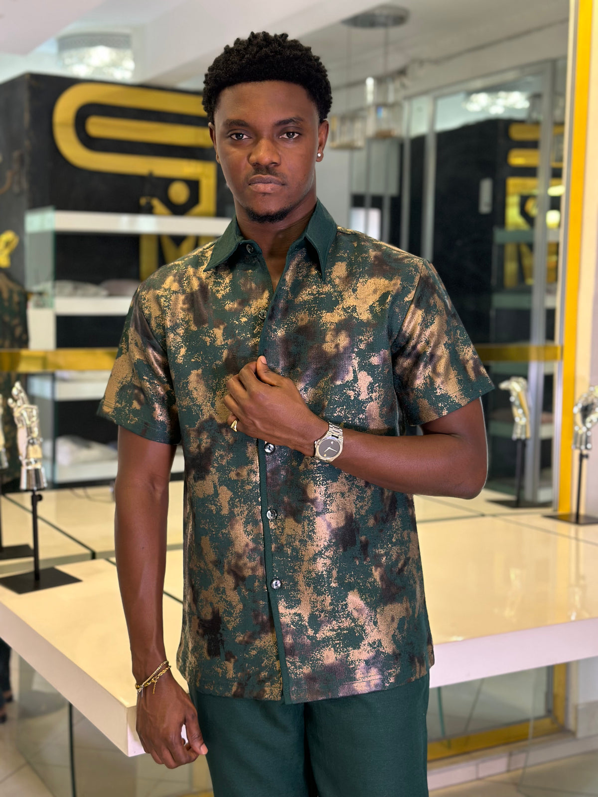 Men’s Dark Green Printed 2 Piece Casual Set