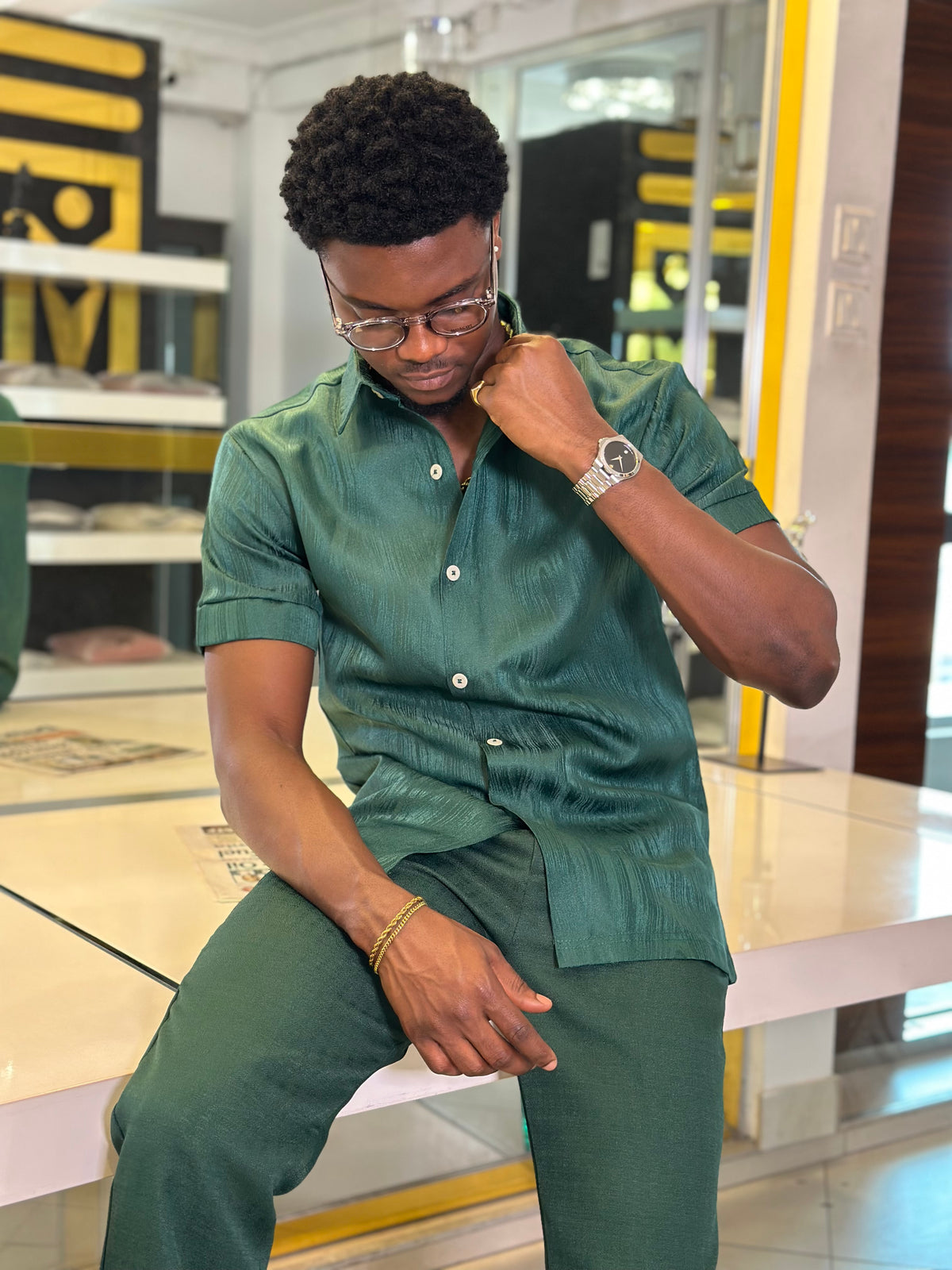 Men’s 2 Piece green Textured Casual Set