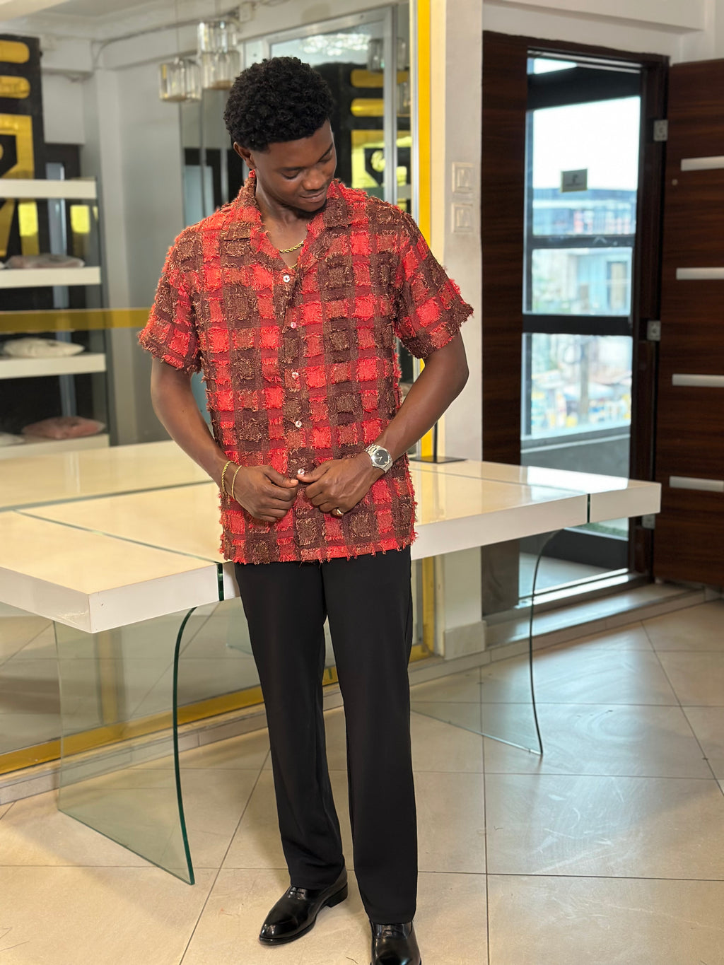 Men’s red and black 2 Piece Textured Casual Set