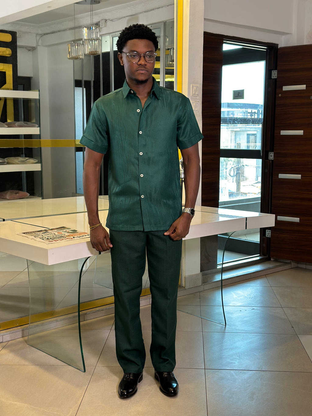 Men’s 2 Piece green Textured Casual Set