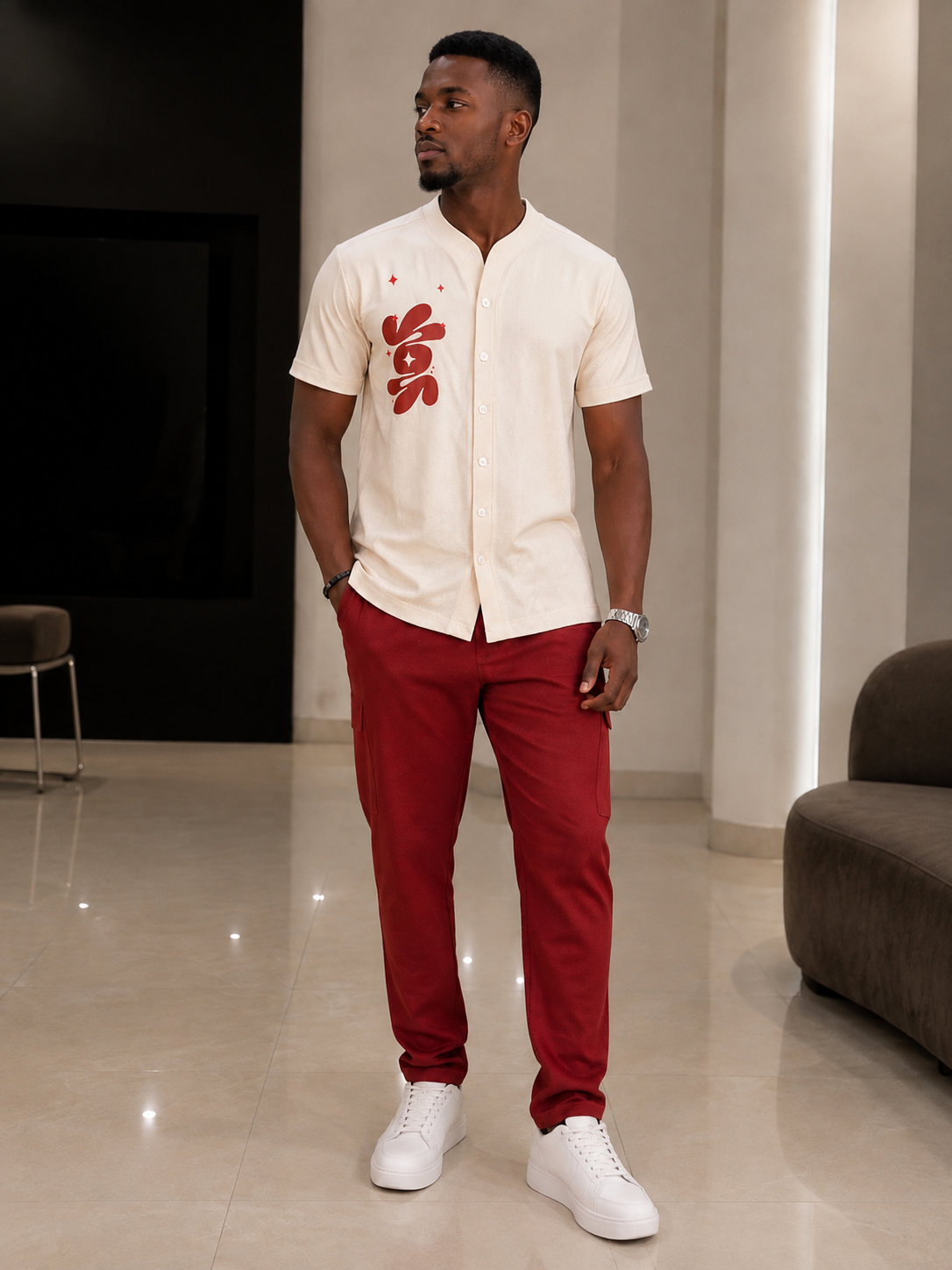Men’s Cream 2 Piece Casual Set with champagne, orange Details