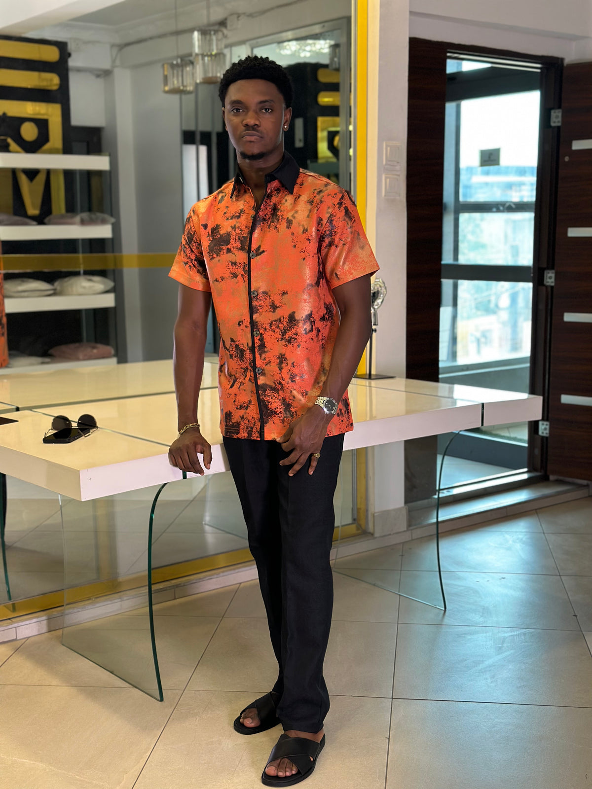 Men’s Orange & Black Printed 2 Piece Casual Set