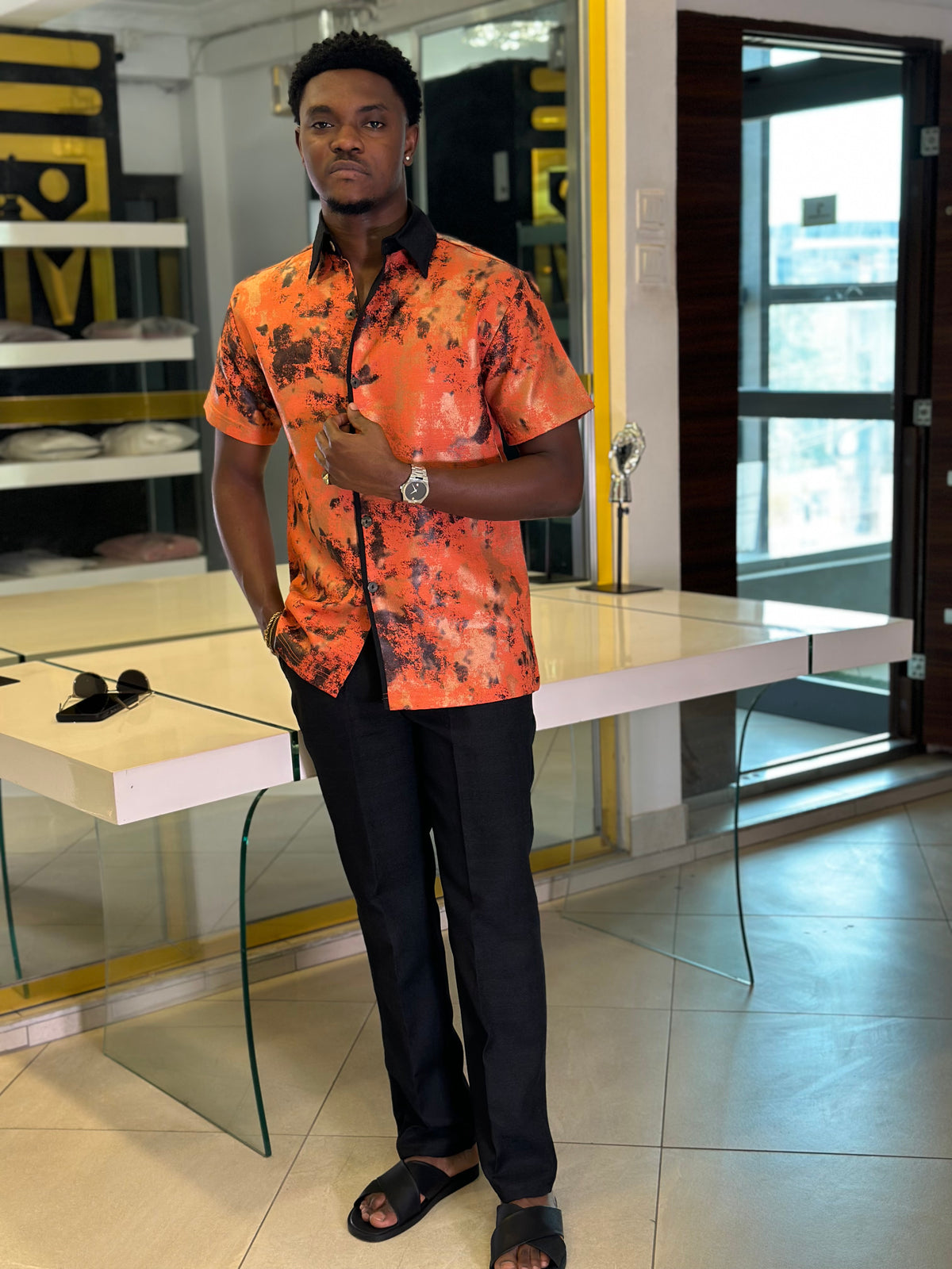 Men’s Orange & Black Printed 2 Piece Casual Set