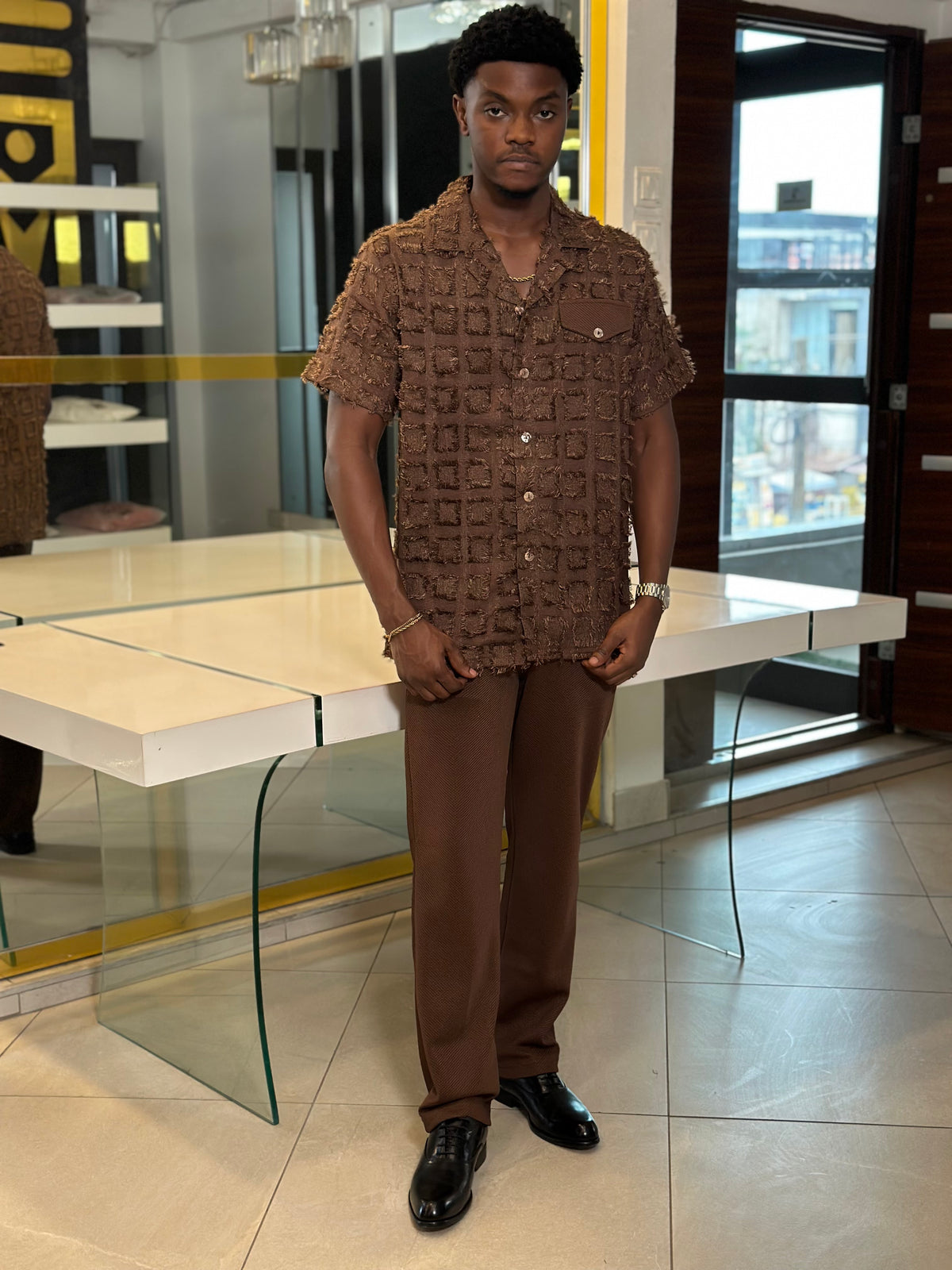 Men’s Brown 2 Piece Textured Casual Set
