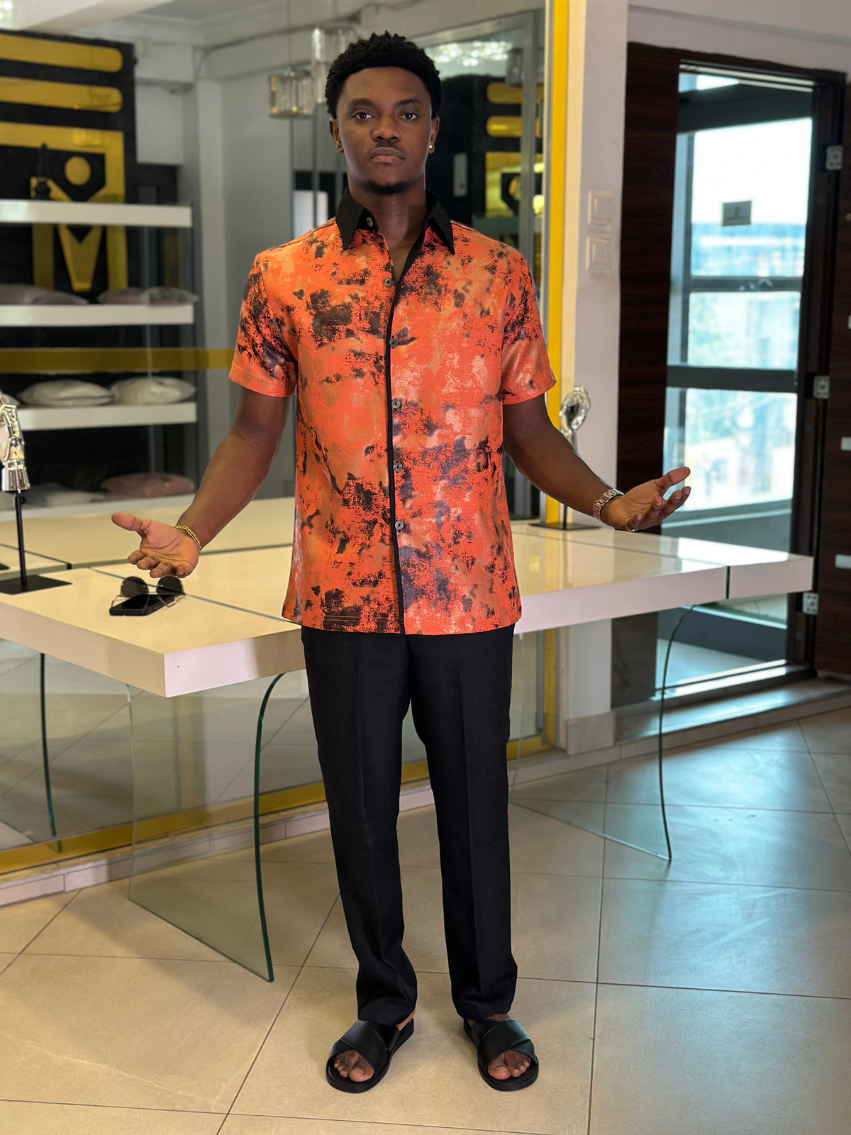Men’s Orange & Black Printed 2 Piece Casual Set
