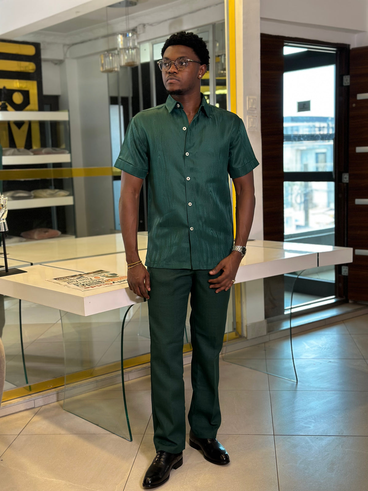 Men’s 2 Piece green Textured Casual Set