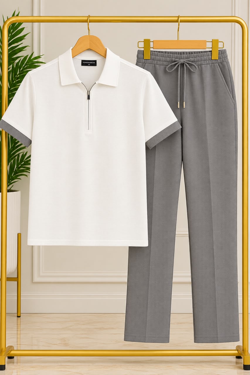Men's White & Grey 2 Piece Casual Set