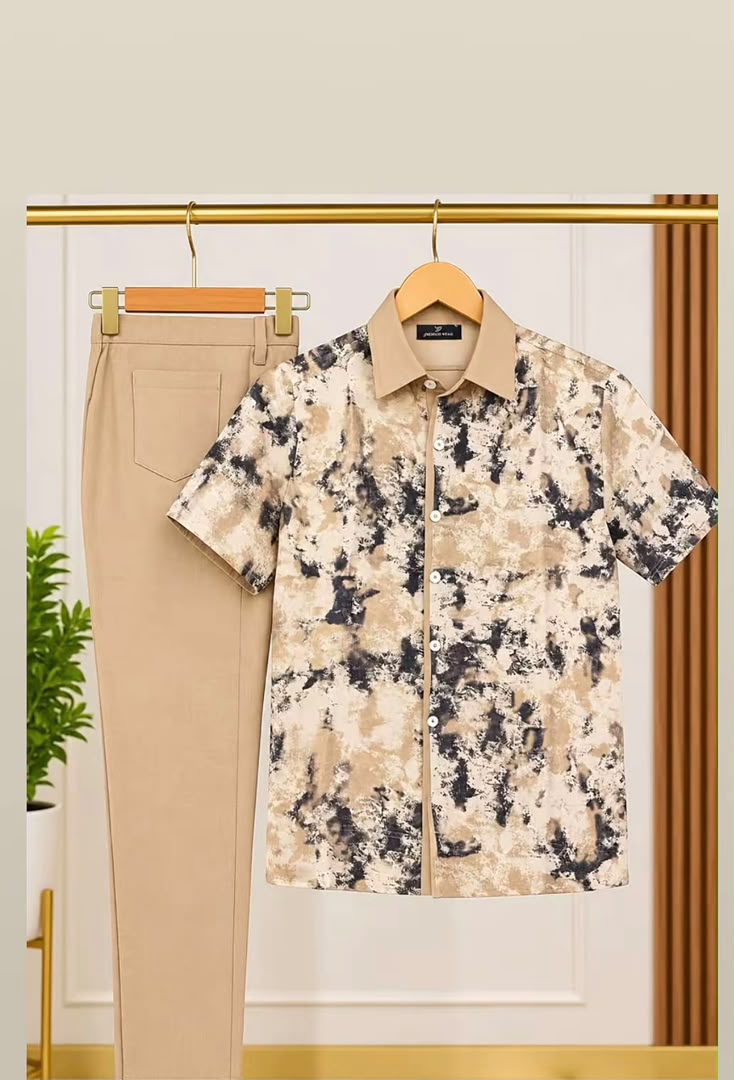 Men's Beige Printed 2 Piece Casual Set