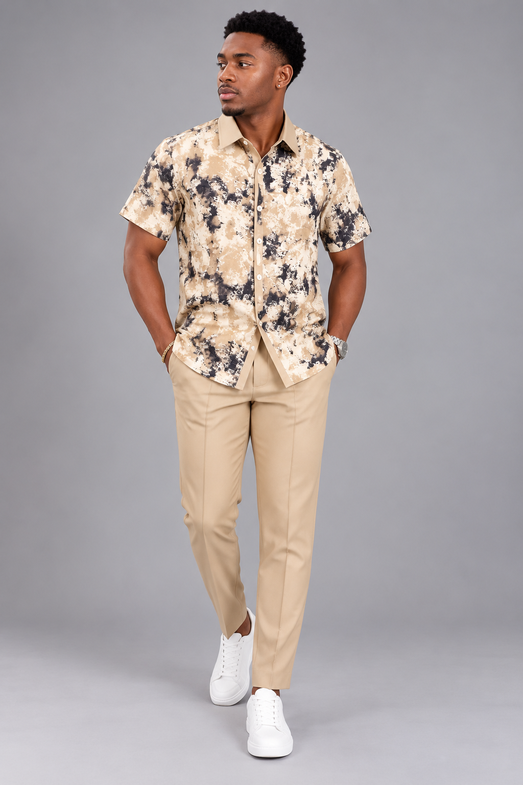 Men's Beige Printed 2 Piece Casual Set